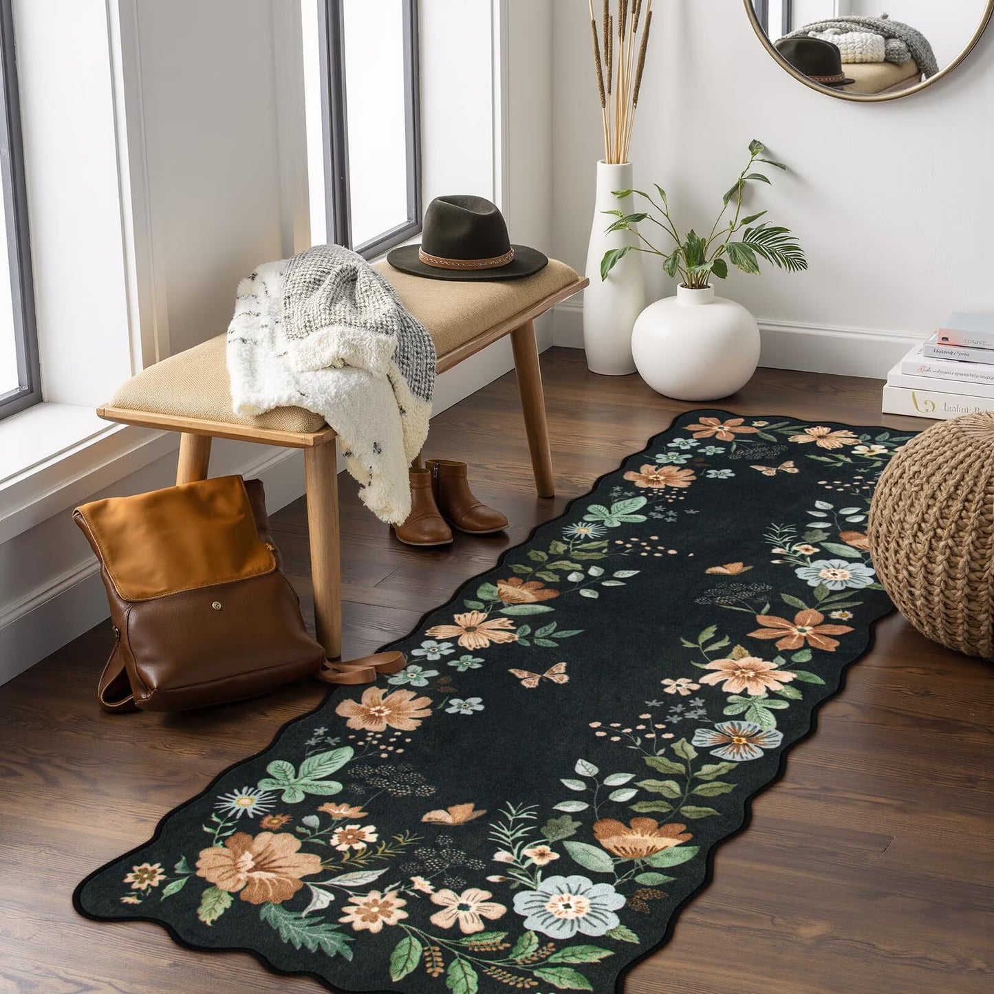 Moynesa Floral Washable Area Rugs, Soft Bedroom Large Rug for Living Room Ultra-Thin Non Slip Dining Room Rug, Stain Resistant Boho Rugs Easy Clean Throw Carpet for Office
