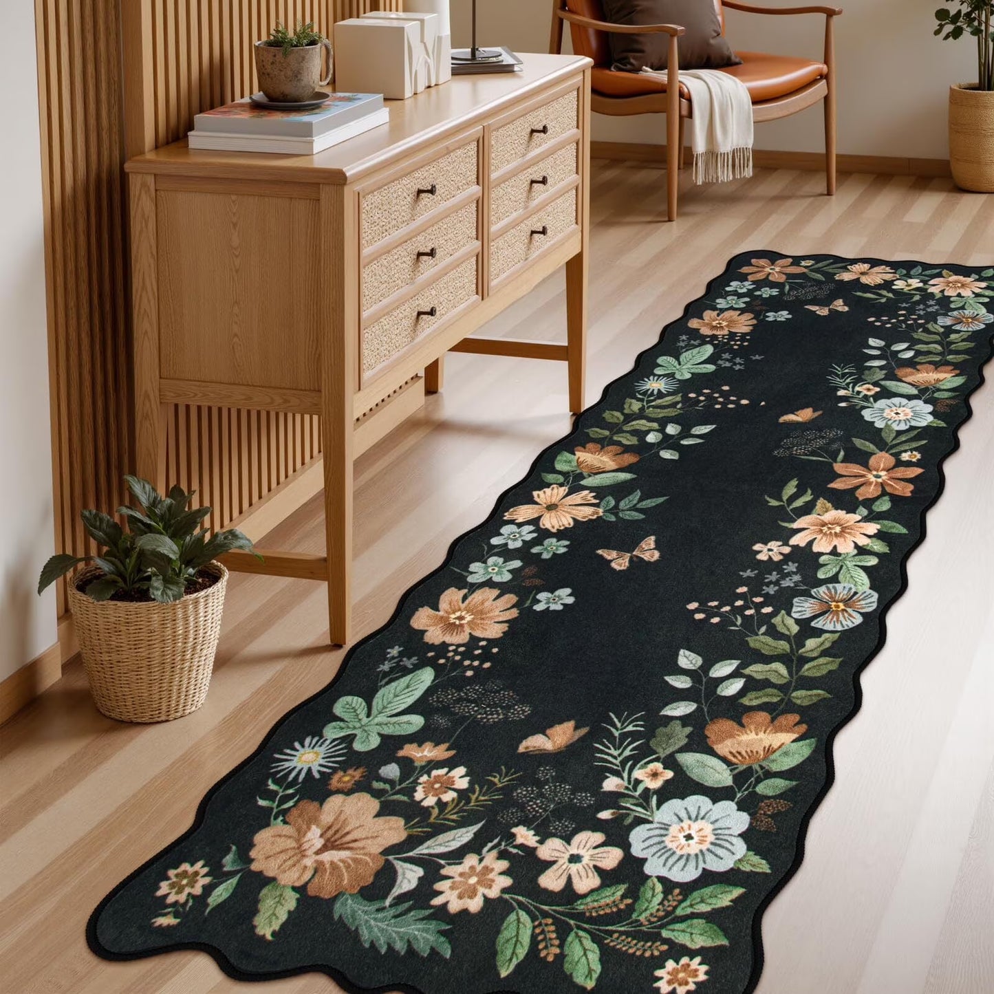 Moynesa Floral Washable Area Rugs, Soft Bedroom Large Rug for Living Room Ultra-Thin Non Slip Dining Room Rug, Stain Resistant Boho Rugs Easy Clean Throw Carpet for Office