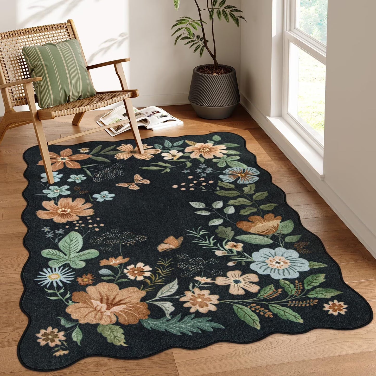 Moynesa Floral Washable Area Rugs, Soft Bedroom Large Rug for Living Room Ultra-Thin Non Slip Dining Room Rug, Stain Resistant Boho Rugs Easy Clean Throw Carpet for Office
