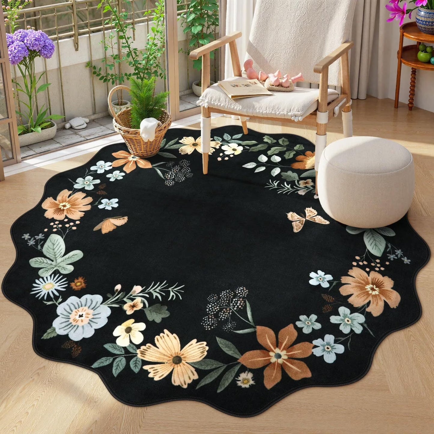 Moynesa Floral Washable Area Rugs, Soft Bedroom Large Rug for Living Room Ultra-Thin Non Slip Dining Room Rug, Stain Resistant Boho Rugs Easy Clean Throw Carpet for Office