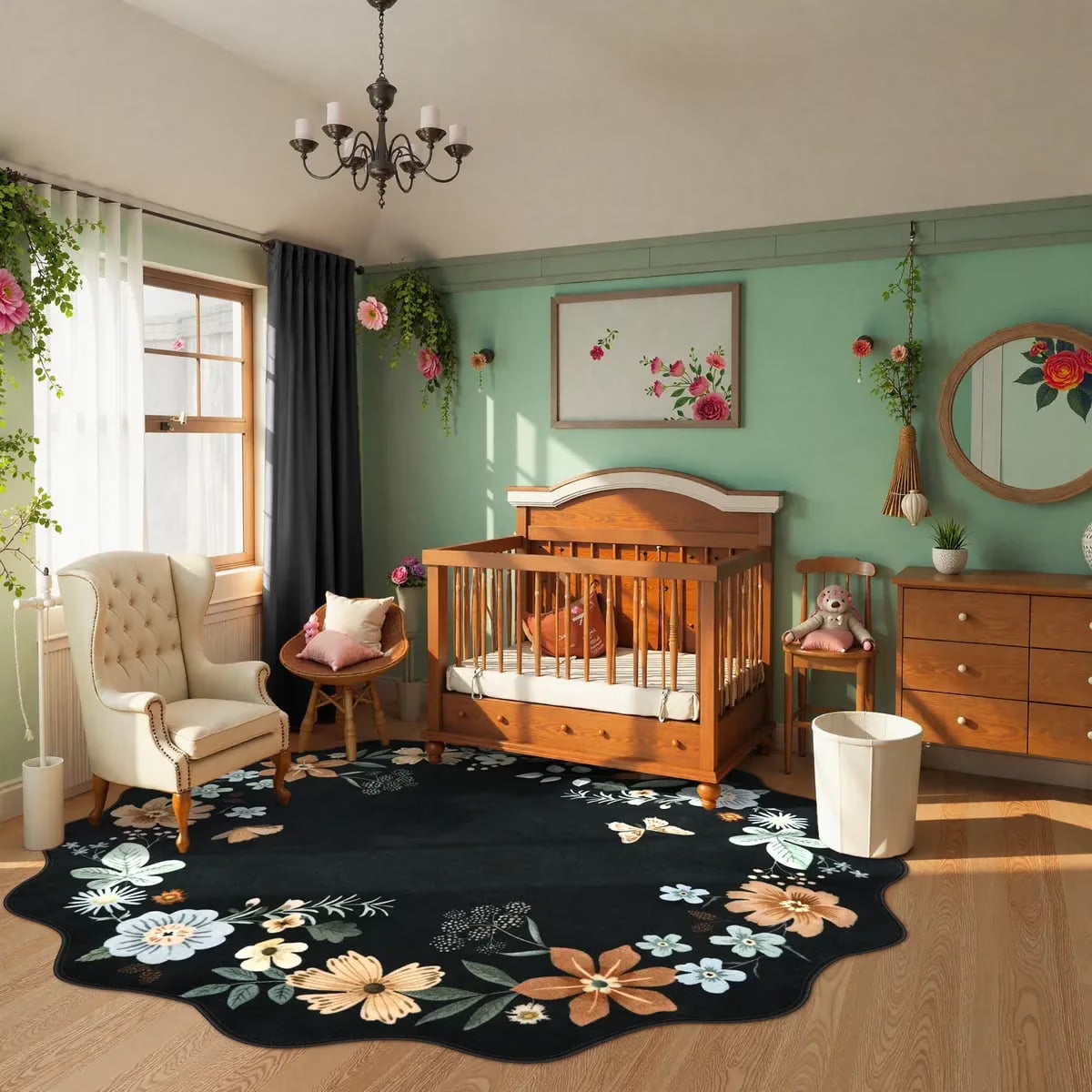 Moynesa Floral Washable Area Rugs, Soft Bedroom Large Rug for Living Room Ultra-Thin Non Slip Dining Room Rug, Stain Resistant Boho Rugs Easy Clean Throw Carpet for Office