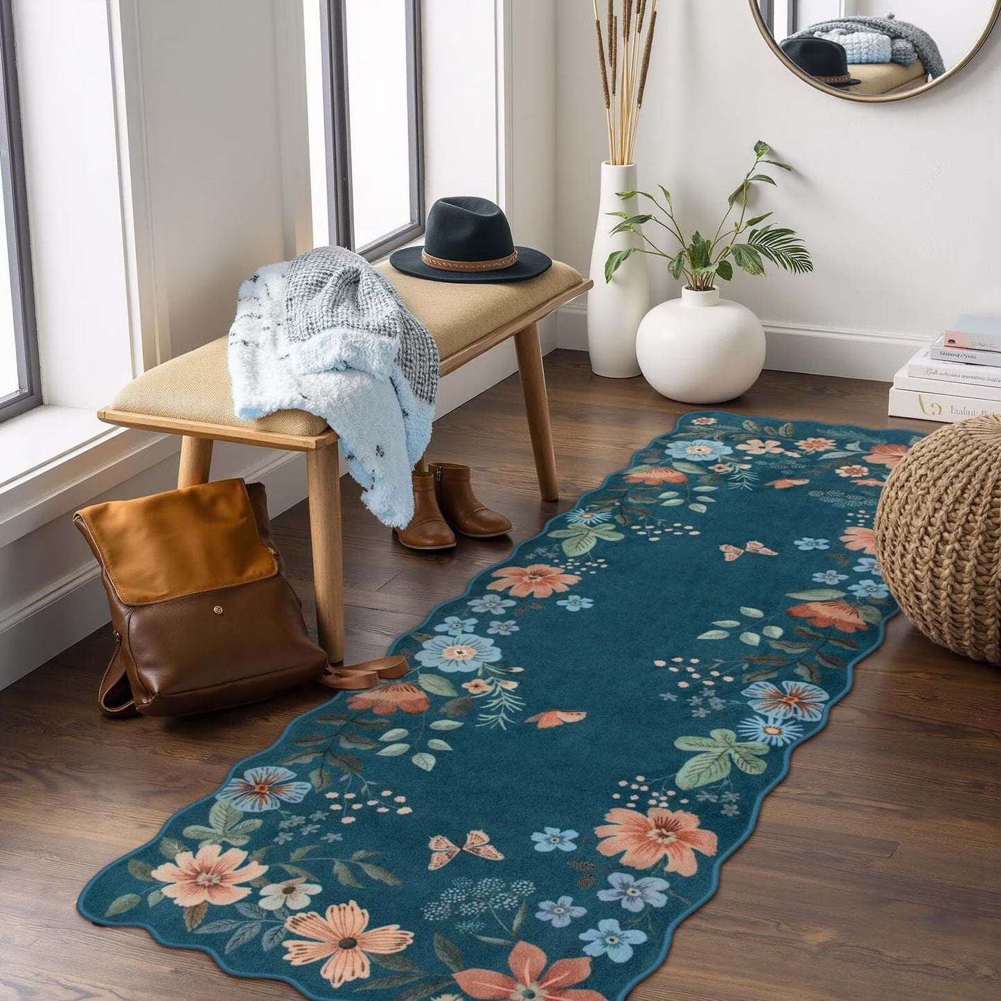 Moynesa Floral Washable Area Rugs, Soft Bedroom Large Rug for Living Room Ultra-Thin Non Slip Dining Room Rug, Stain Resistant Boho Rugs Easy Clean Throw Carpet for Office