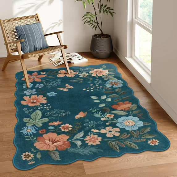 Moynesa Floral Washable Area Rugs, Soft Bedroom Large Rug for Living Room Ultra-Thin Non Slip Dining Room Rug, Stain Resistant Boho Rugs Easy Clean Throw Carpet for Office
