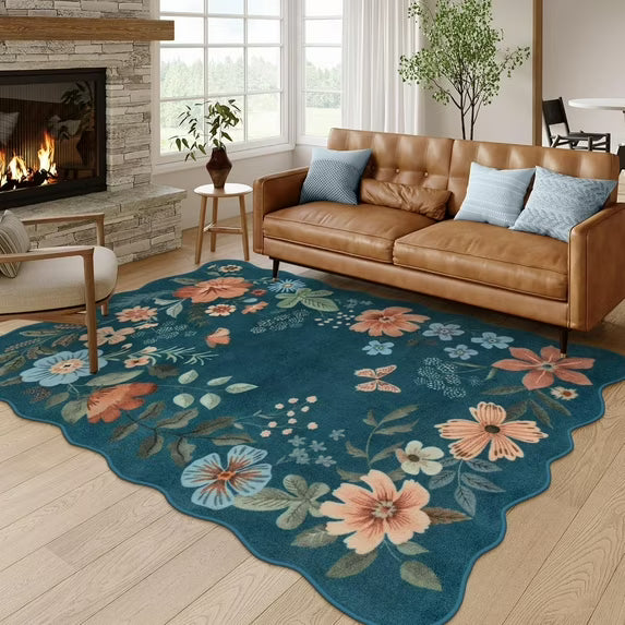 Moynesa Floral Washable Area Rugs, Soft Bedroom Large Rug for Living Room Ultra-Thin Non Slip Dining Room Rug, Stain Resistant Boho Rugs Easy Clean Throw Carpet for Office