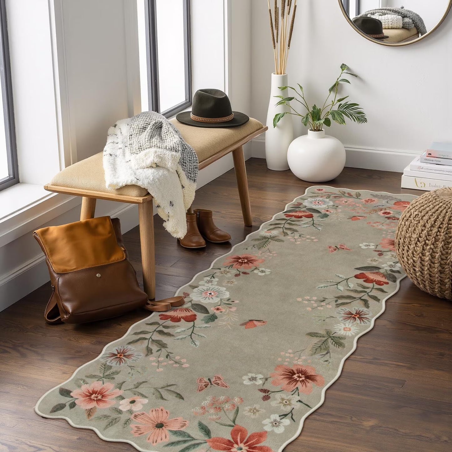 Moynesa Floral Washable Area Rugs, Soft Bedroom Large Rug for Living Room Ultra-Thin Non Slip Dining Room Rug, Stain Resistant Boho Rugs Easy Clean Throw Carpet for Office