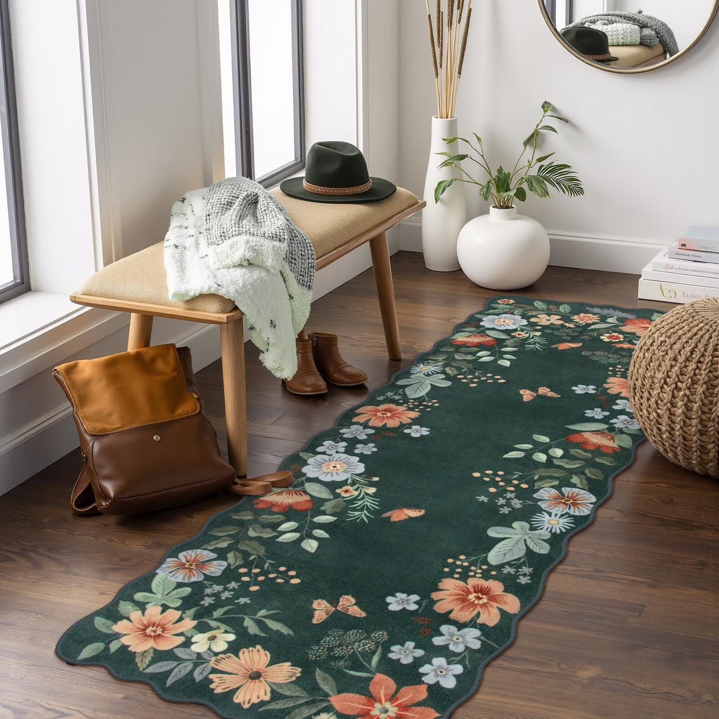 Moynesa Floral Washable Area Rugs, Soft Bedroom Large Rug for Living Room Ultra-Thin Non Slip Dining Room Rug, Stain Resistant Boho Rugs Easy Clean Throw Carpet for Office