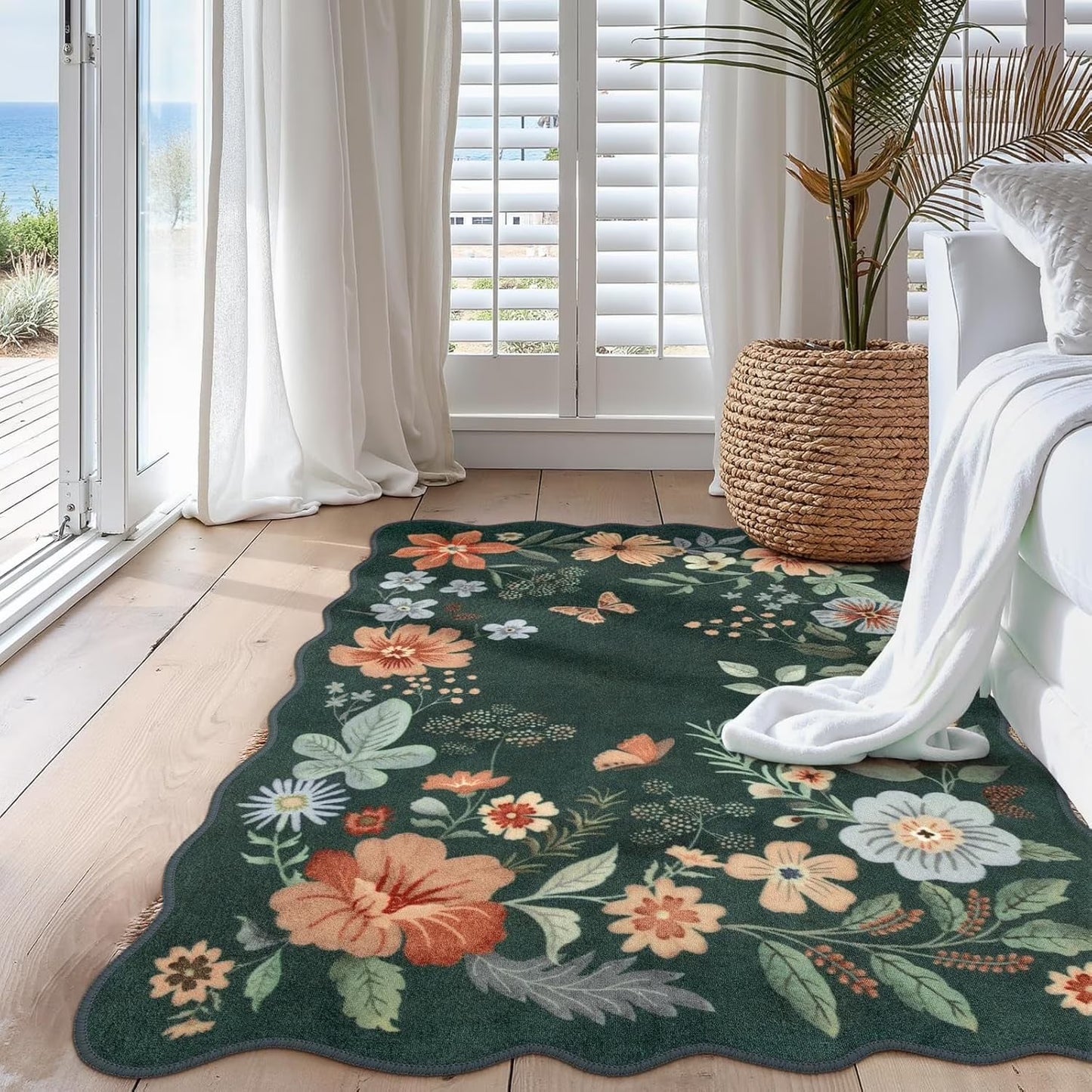 Moynesa Floral Washable Area Rugs, Soft Bedroom Large Rug for Living Room Ultra-Thin Non Slip Dining Room Rug, Stain Resistant Boho Rugs Easy Clean Throw Carpet for Office