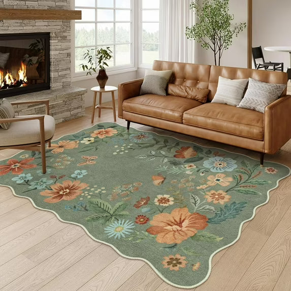 Moynesa Floral Washable Area Rugs, Soft Bedroom Large Rug for Living Room Ultra-Thin Non Slip Dining Room Rug, Stain Resistant Boho Rugs Easy Clean Throw Carpet for Office