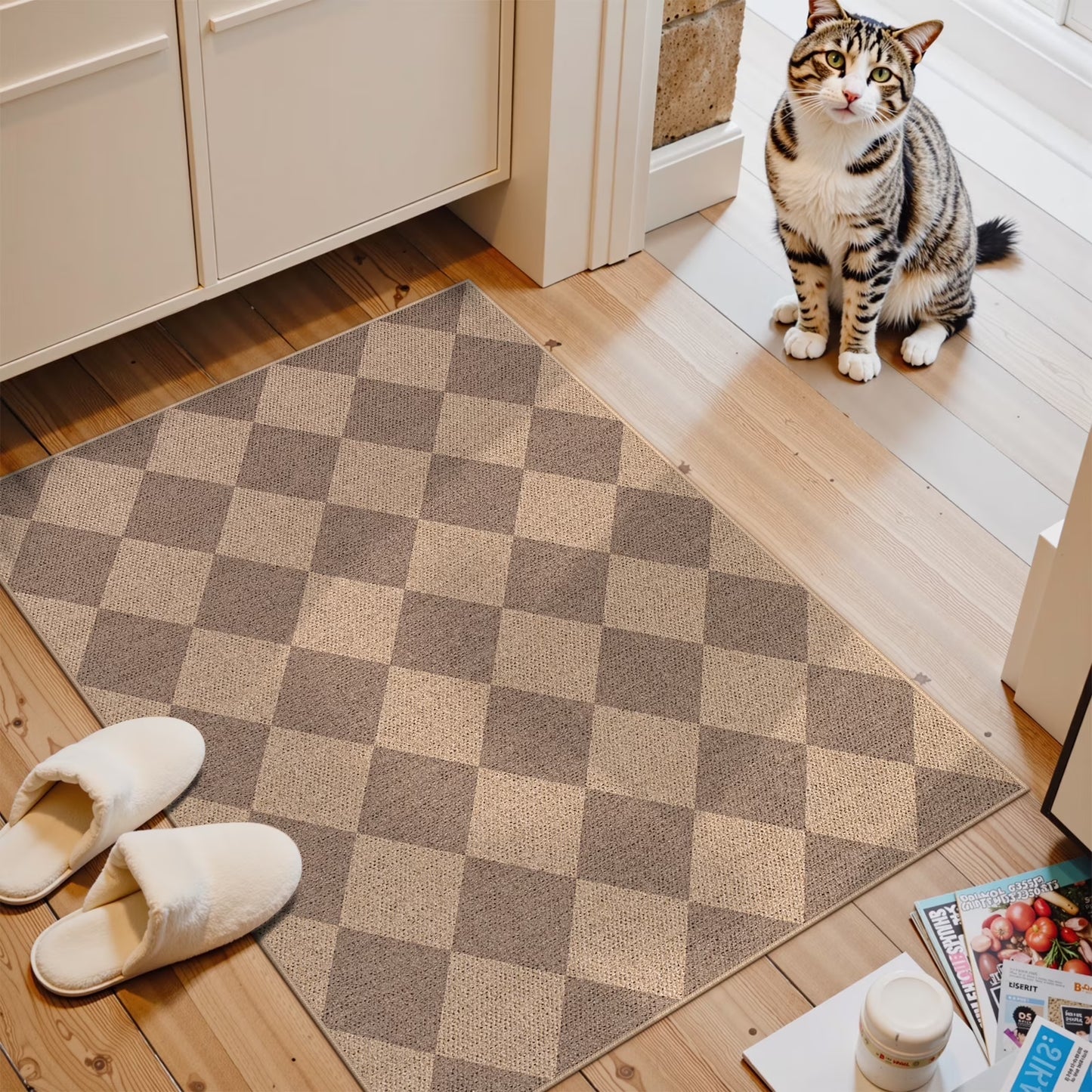 SUNDEREY Modern Geometric Area Rug, Washable Bedroom Rug,Checkerboard Indoor Outdoor Carpet, Farmhouse Checkered Non Slip Carpet for Office Couch Entrance Kitchen