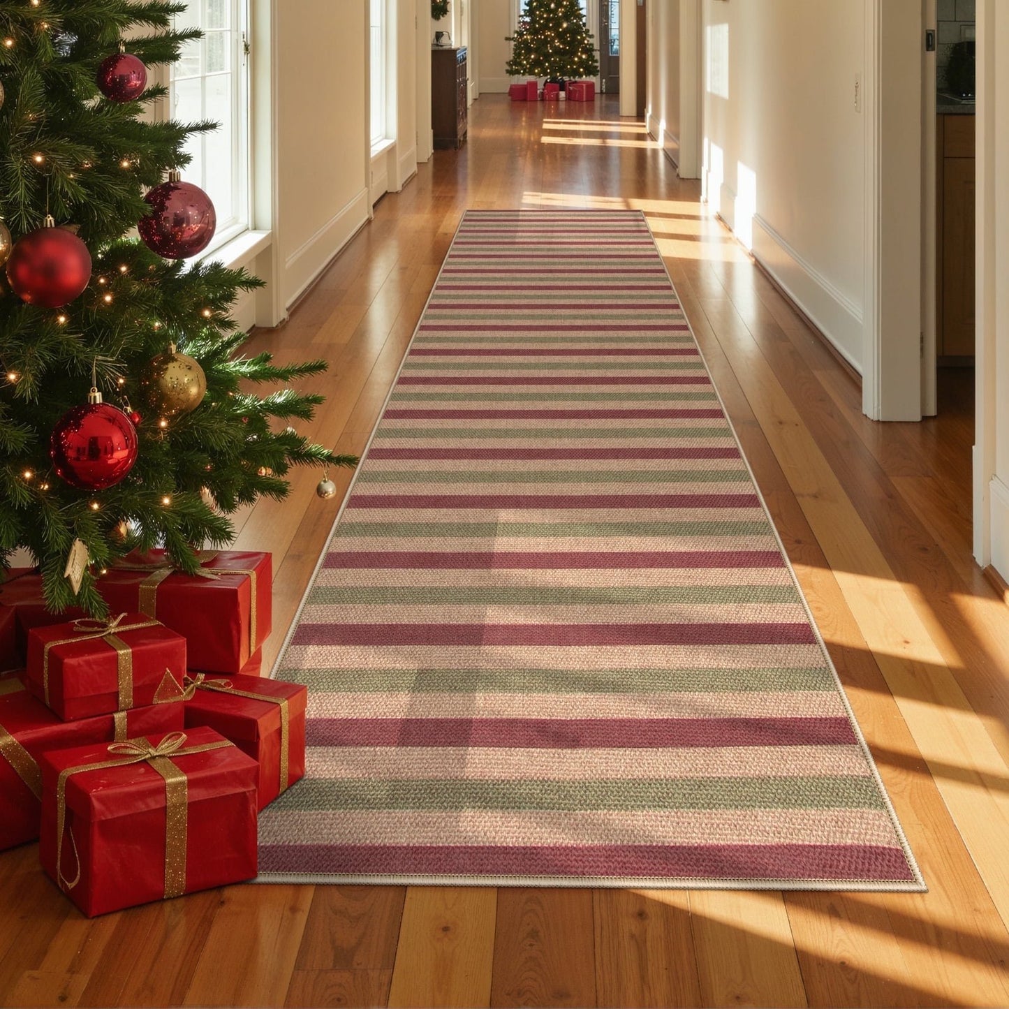 RUG ROBOT Christmas Runner Rugs for Hallway, Easy Jute Washable Holiday Rug Non-Slip, Traditional Striped Long Runner Carpet for Entryway Front Porch Floor Decor