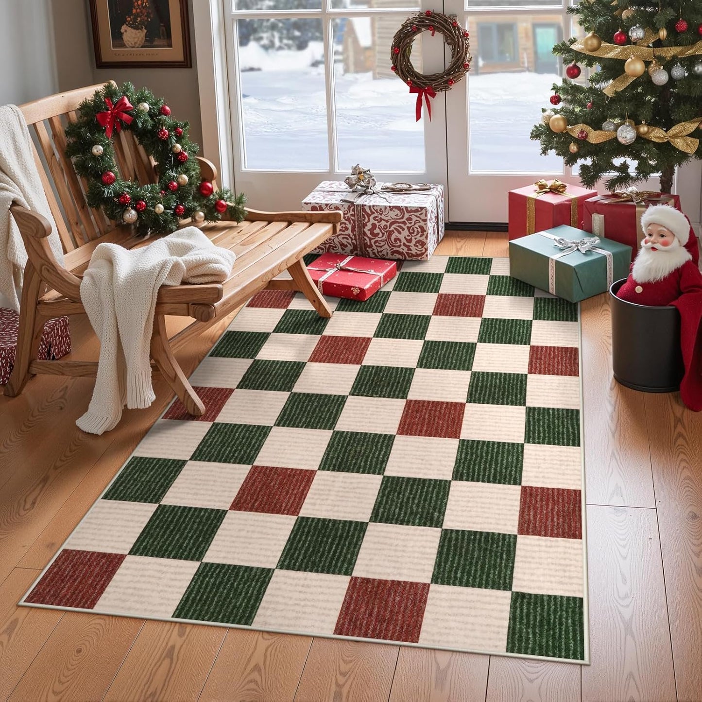 RUG ROBOT Christmas Area Rugs for Living Room, Checkered Machine Washable Large Carpet Rugs for Dining Room, Non Slip Soft Low Pile Farmhouse Geometric Modern Xmas decor Rugs for Bedroom