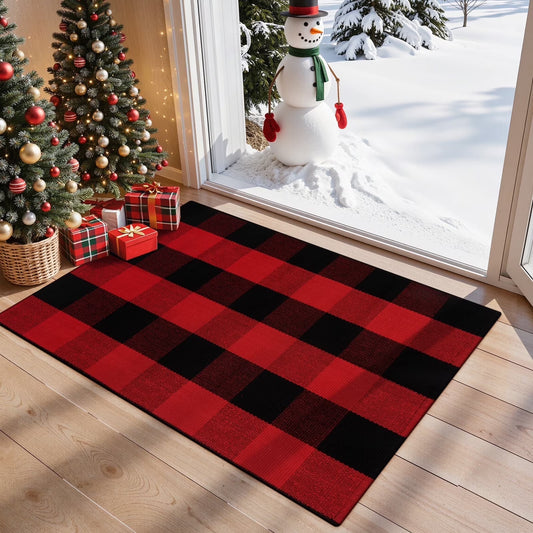 RUG ROBOT Christmas Buffalo Plaid Area Rugs for Entryway, Cotton Indoor Outdoor Front Door Mat,Washable Checkered Farmhouse Kitchen Red and Black Xmas decor Rugs