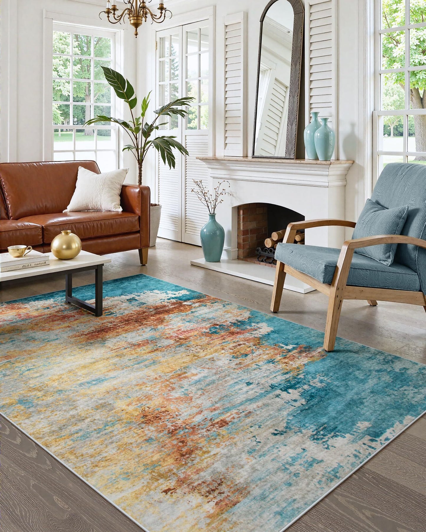 RUG ROBOT Abstract Living Room Rug 4'x6', Soft Modern Washable Area Rugs for Bedroom Non Slip, Ultra Thin Foldable Low Pile Carpet for Dining Room Kitchen Bathroom Office, Yellow/Blue