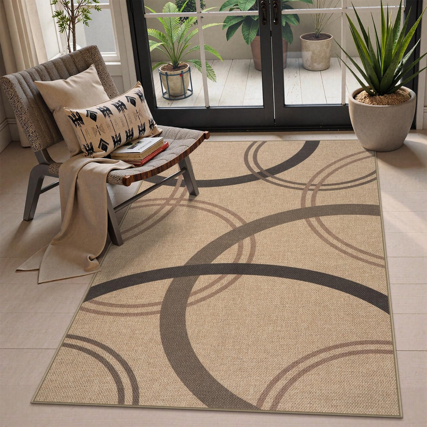 SUNDEREY Geometric Area Rug, Washable Circular Pattern Rug,Easy Jute Indoor Outdoor Carpet, Farmhouse Non Slip Floor Rug for Bedroom Dining Room Office Entrance Kitchen