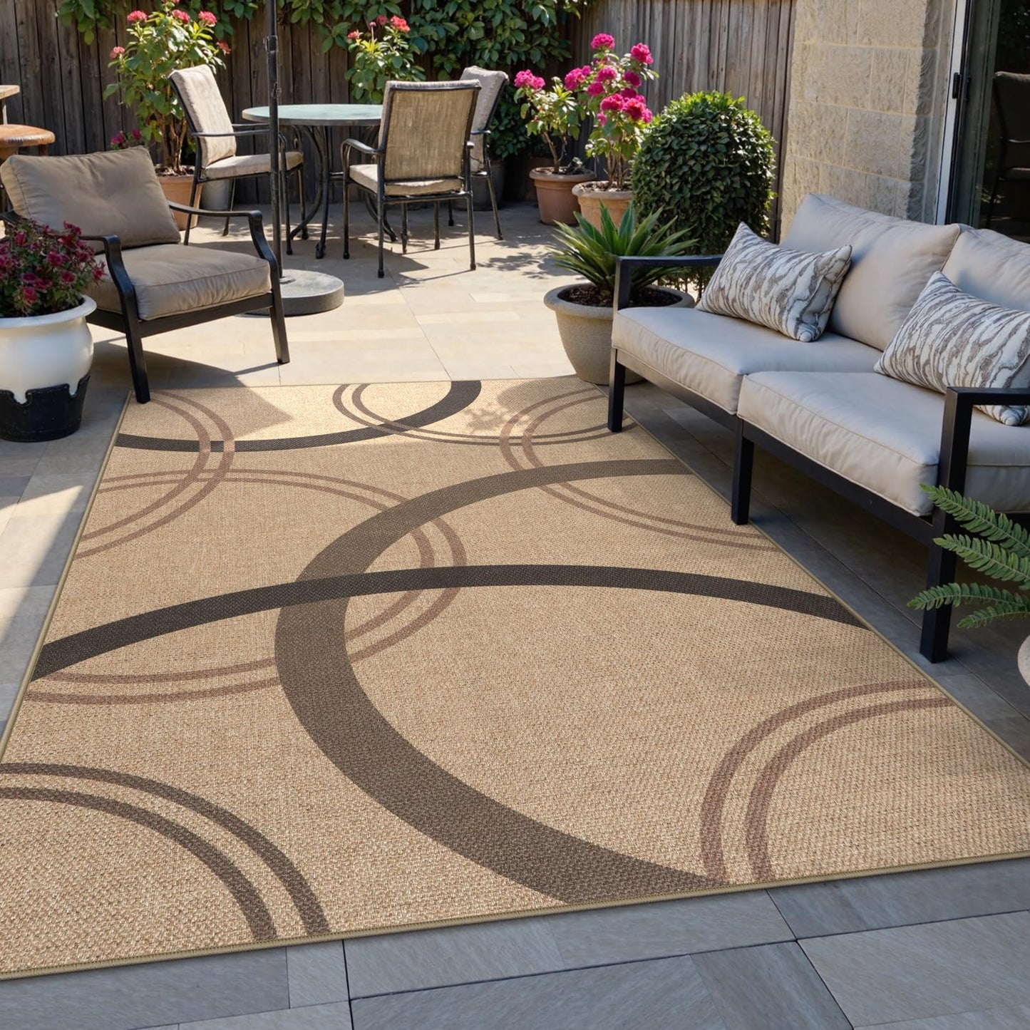 SUNDEREY Geometric Area Rug, Washable Circular Pattern Rug,Easy Jute Indoor Outdoor Carpet, Farmhouse Non Slip Floor Rug for Bedroom Dining Room Office Entrance Kitchen