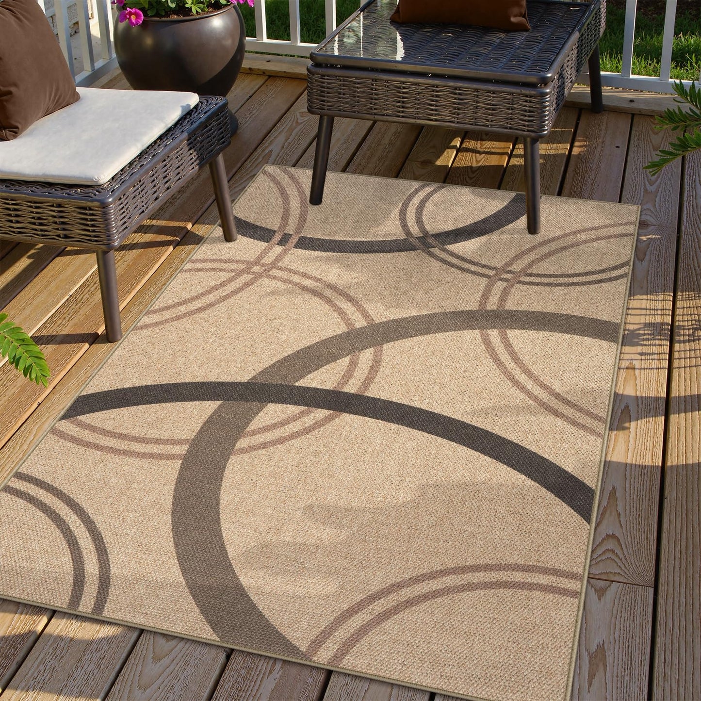 SUNDEREY Geometric Area Rug, Washable Circular Pattern Rug,Easy Jute Indoor Outdoor Carpet, Farmhouse Non Slip Floor Rug for Bedroom Dining Room Office Entrance Kitchen