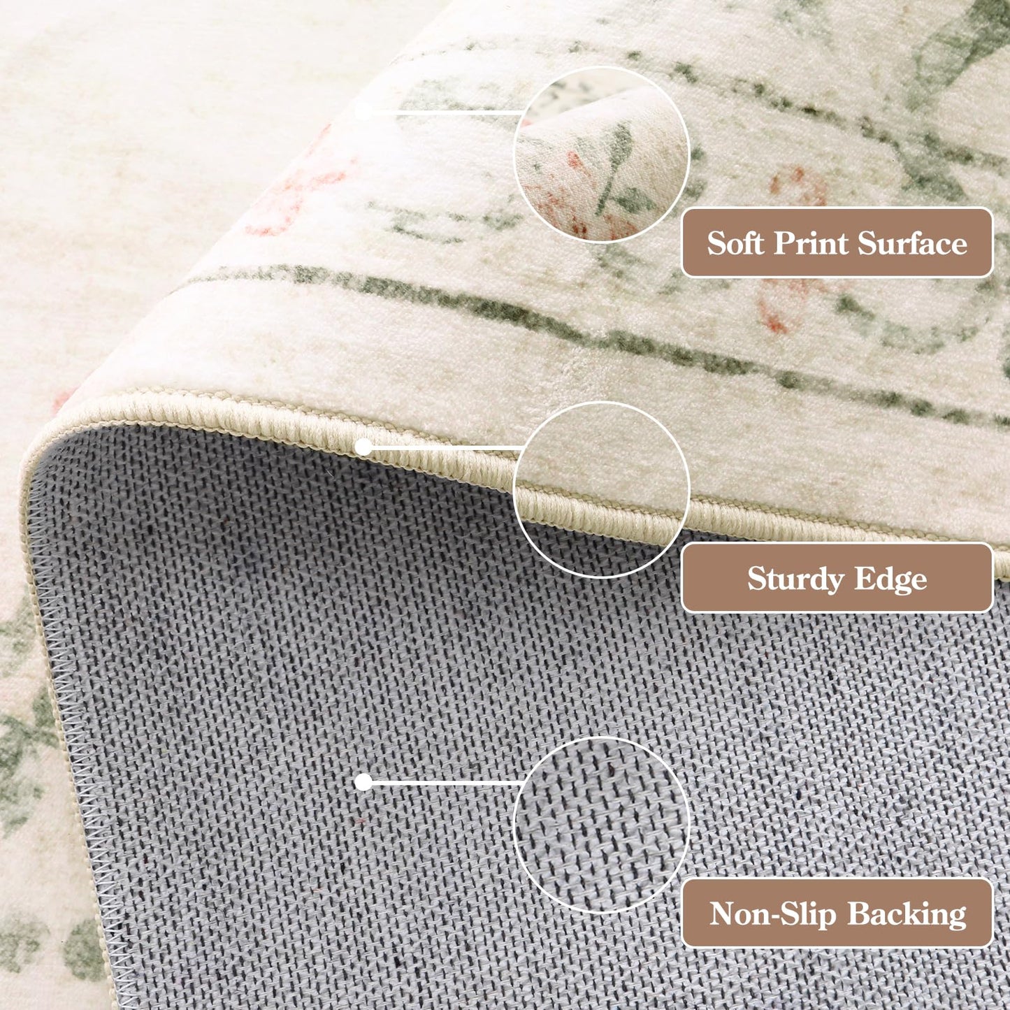 Lahome Non-Shedding Washable Area Rug, Floral Bow Boho Low-Pile Carpet for Bedroom Living Room and Dorm, Ultra-Thin Soft Neutral Mat