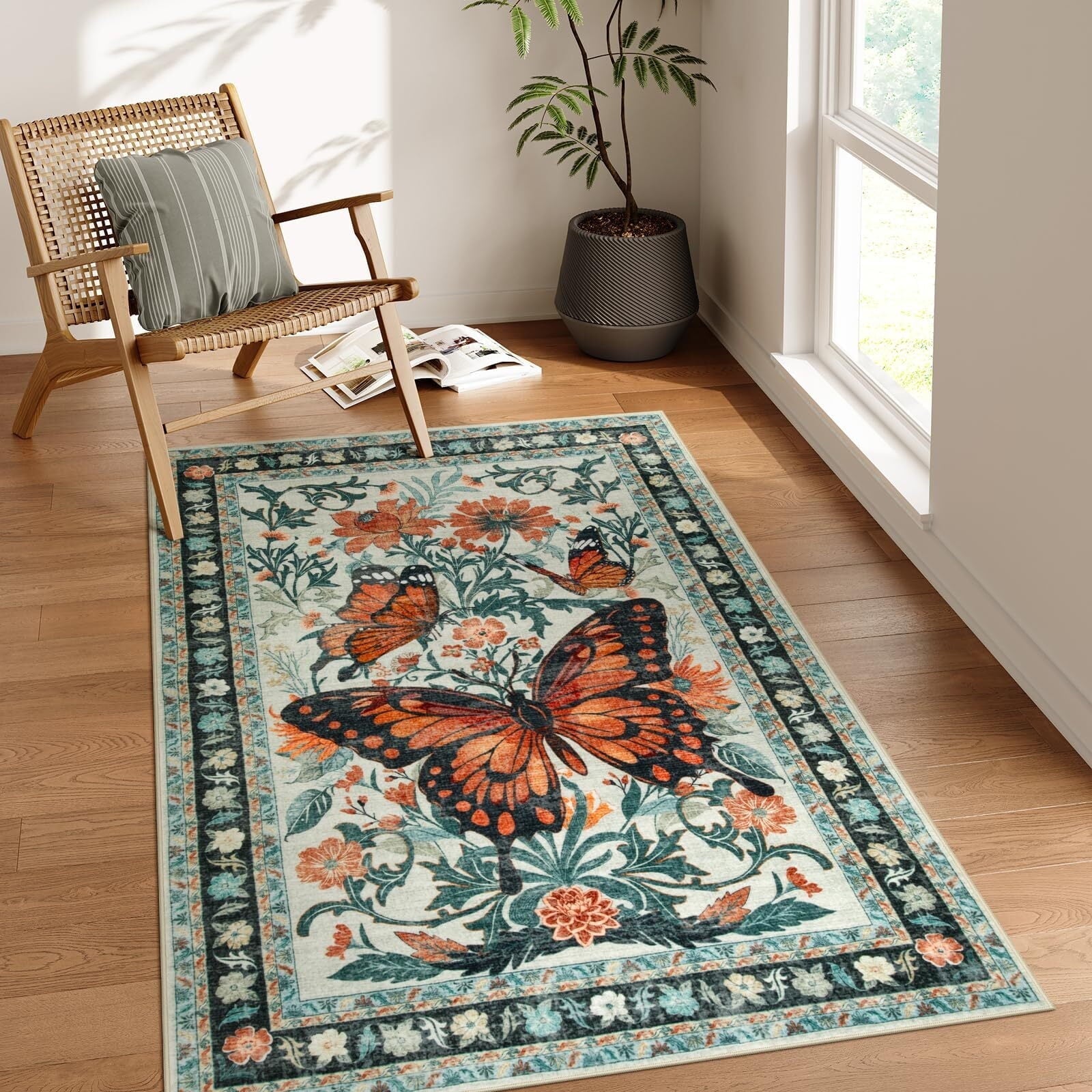 Lahome Decor Butterfly Bedroom Rug,Area Rugs Rugs for Living Room, Non-Slip Washable Rugs Stain Resistant Boho Floral Rug Low-Pile Throw Rug for ‎Dining Room Office Walmart Walmart 3' x 5' Beige
