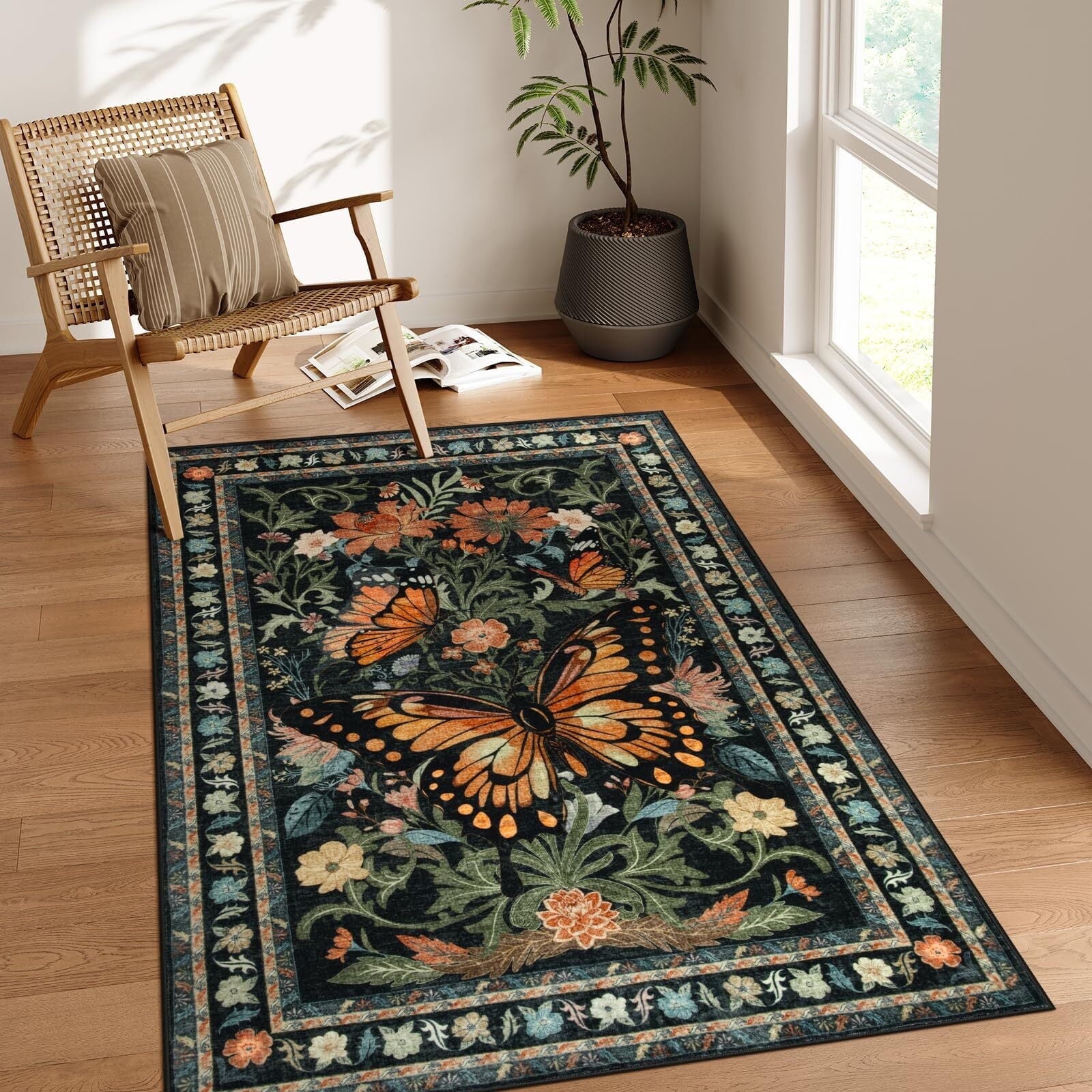 Lahome Decor Butterfly Bedroom Rug,Area Rugs Rugs for Living Room, Non-Slip Washable Rugs Stain Resistant Boho Floral Rug Low-Pile Throw Rug for ‎Dining Room Office Walmart Walmart 3' x 5' Black