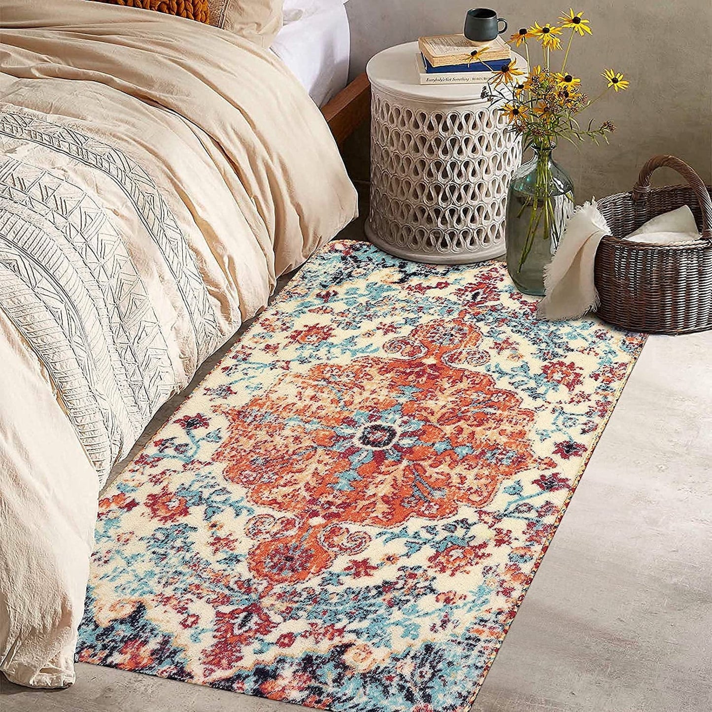 Lahome Decor Area Rug for Living Room Washable Bedroom Dining Rug Boho Floral Medallion Area Rug Non Slip Vintage Indoor Accent Carpet for Apartment Nursery Kids Room Walmart Walmart 3' x 5' Orange