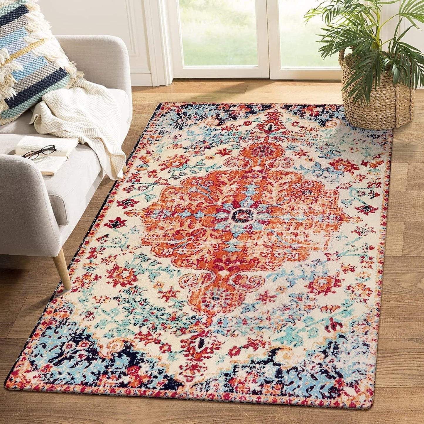 Lahome Decor Area Rug for Living Room Washable Bedroom Dining Rug Boho Floral Medallion Area Rug Non Slip Vintage Indoor Accent Carpet for Apartment Nursery Kids Room Walmart Walmart 4' x 6' Orange