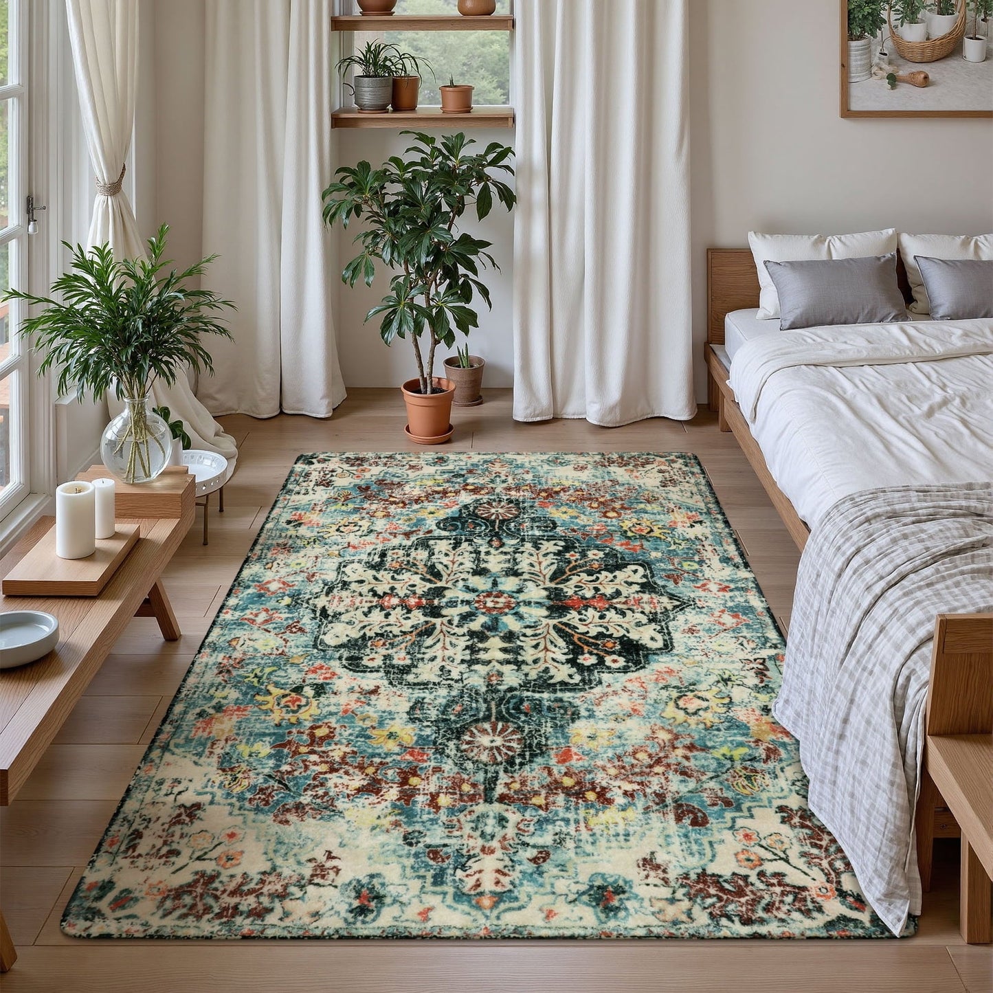 Lahome Decor Area Rug for Living Room Washable Bedroom Dining Rug Boho Floral Medallion Area Rug Non Slip Vintage Indoor Accent Carpet for Apartment Nursery Kids Room Walmart Walmart 4' x 6' Teal