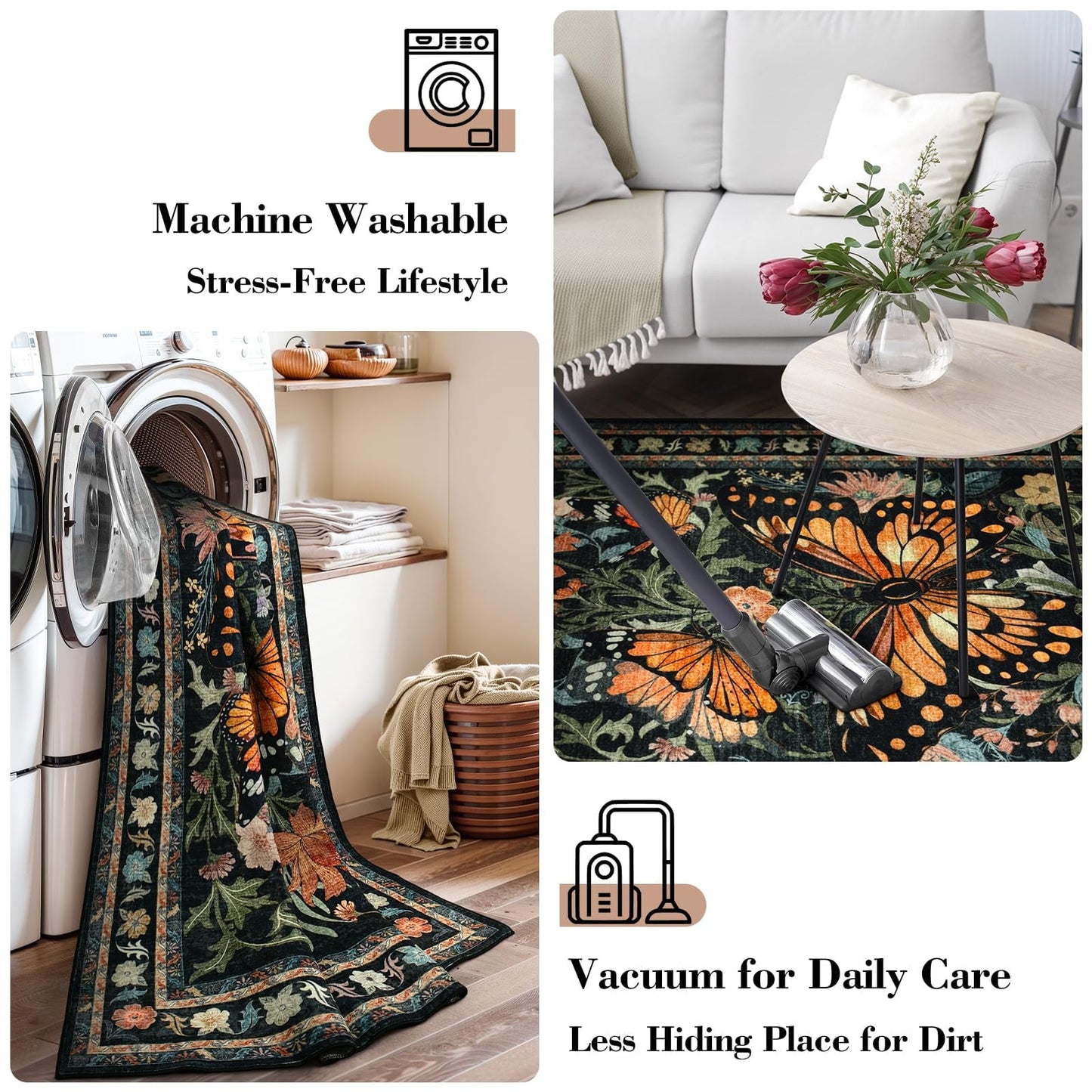 Lahome Decor Butterfly Bedroom Rug,Area Rugs Rugs for Living Room, Non-Slip Washable Rugs Stain Resistant Boho Floral Rug Low-Pile Throw Rug for ‎Dining Room Office Walmart Walmart