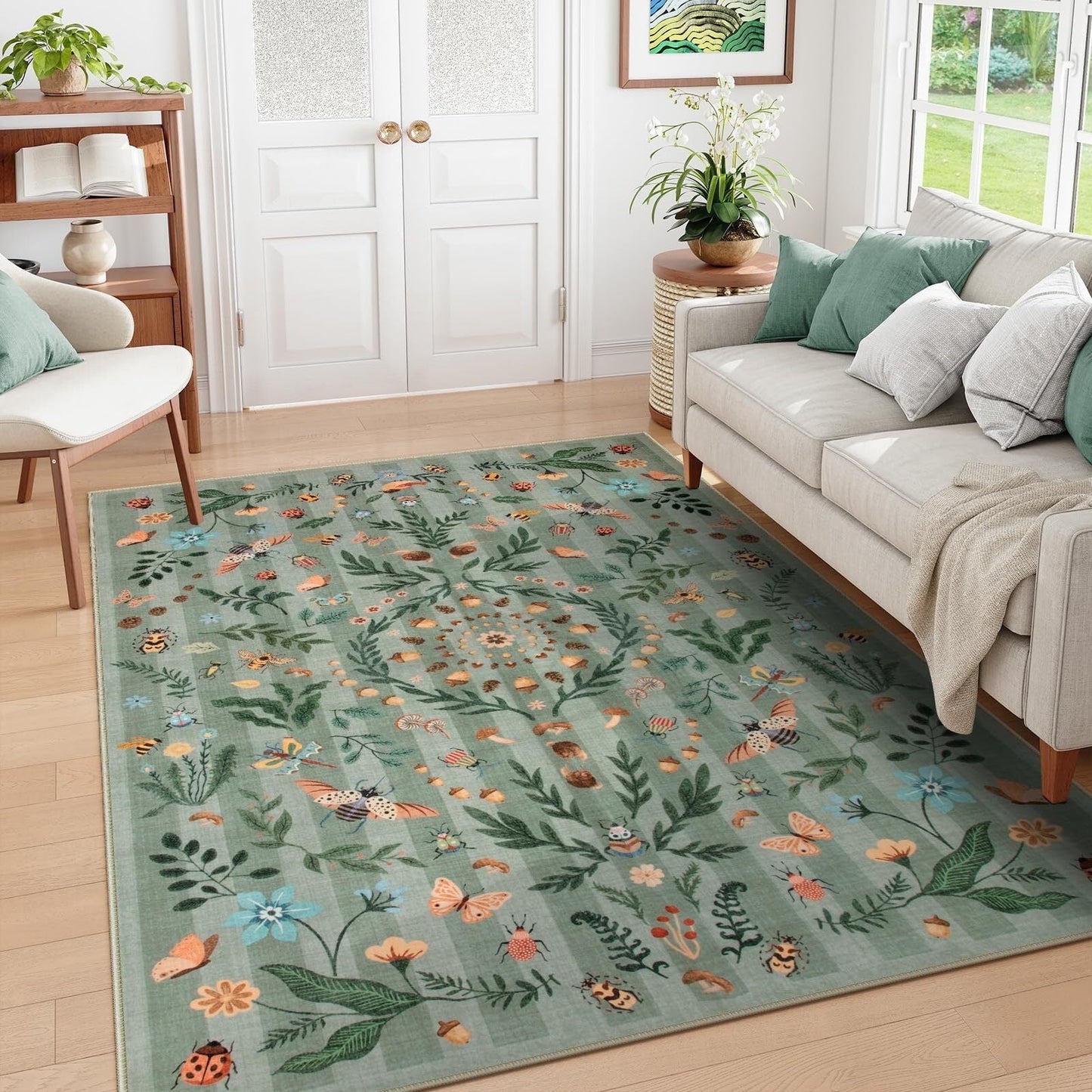 Lahome Decor Insect Botanical Washable Rugs for Bedroom, Soft Rug for Entryway, Kitchen Rugs Non Slip Washable, Boho Floral Indoor Throw Carpet for Bathroom Laundry Living Room