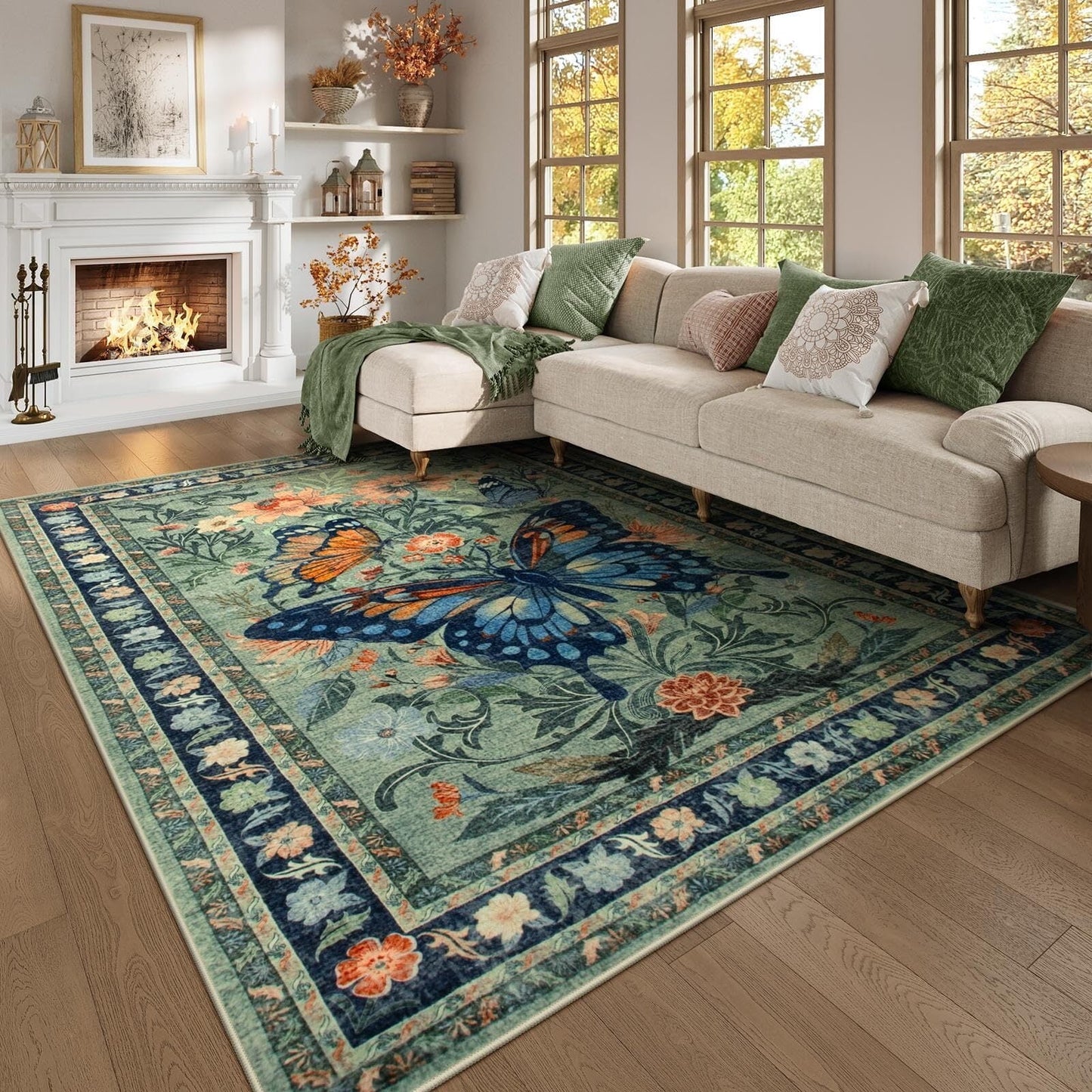 Lahome Decor Butterfly Bedroom Rug,Area Rugs Rugs for Living Room, Non-Slip Washable Rugs Stain Resistant Boho Floral Rug Low-Pile Throw Rug for ‎Dining Room Office Walmart Walmart 8' x 10' Green