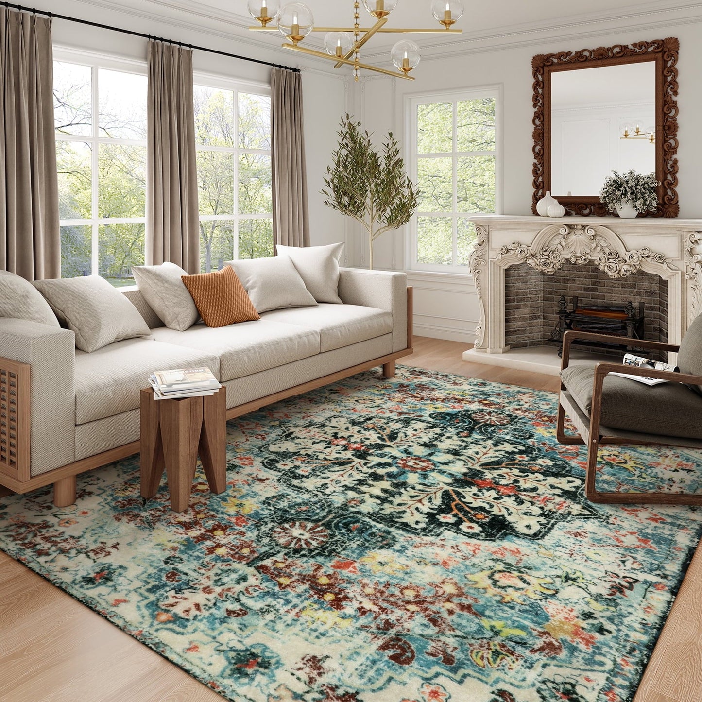 Lahome Decor Area Rug for Living Room Washable Bedroom Dining Rug Boho Floral Medallion Area Rug Non Slip Vintage Indoor Accent Carpet for Apartment Nursery Kids Room Walmart Walmart 8' x 10' Teal