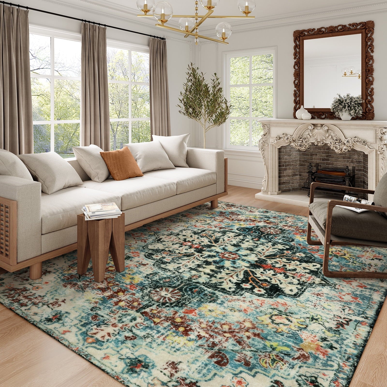 Lahome Decor Area Rug for Living Room Washable Bedroom Dining Rug Boho Floral Medallion Area Rug Non Slip Vintage Indoor Accent Carpet for Apartment Nursery Kids Room Walmart Walmart 8' x 10' Teal